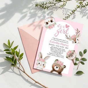 Invitación Whimsical Pink Boho Woodland Chica Baby Shower
