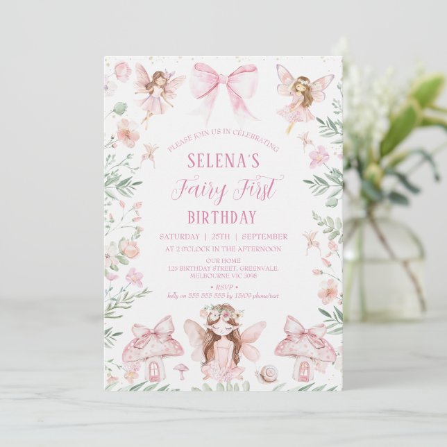 Invitación Whimsical Pink Bow Fairy First Birday (Anverso de pie)