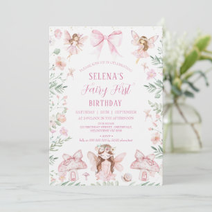 Invitación Whimsical Pink Bow Fairy First Birday
