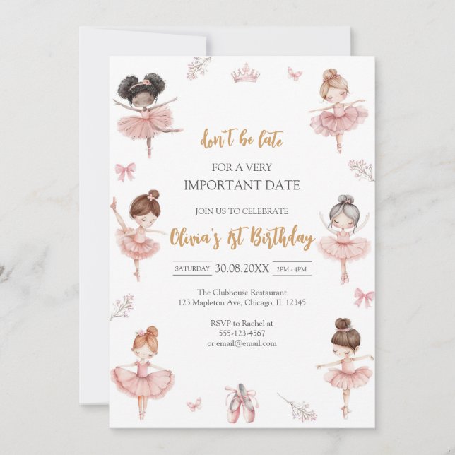 Invitación Whimsical Pink Brown Bows Ballerina Birthday (Anverso)