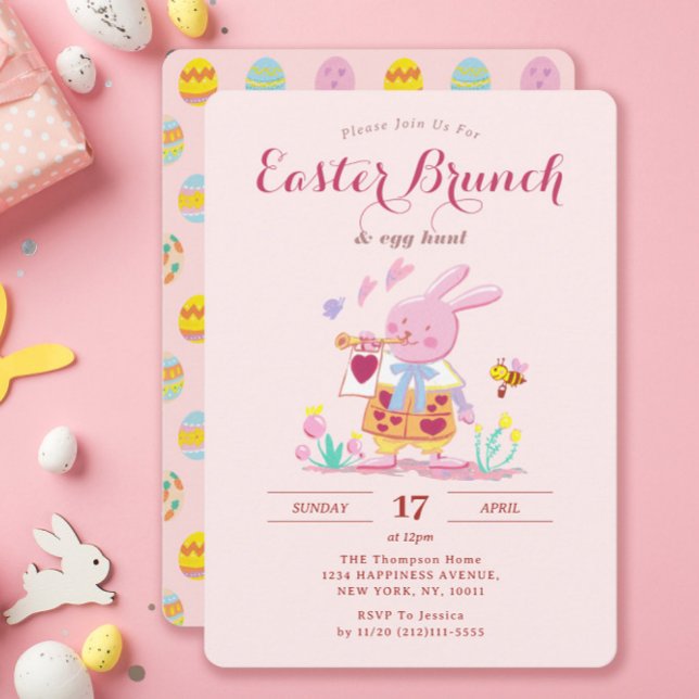 Invitación Whimsical Pink Bunny Garden Semana Santa Brunch Eg (Subido por el creador)