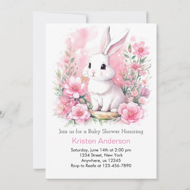 Invitación Whimsical Pink Bunny Woodland Chica Baby Shower (Anverso)