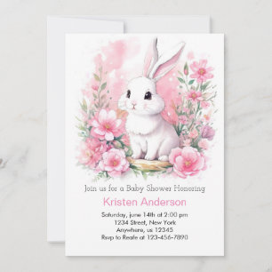 Invitación Whimsical Pink Bunny Woodland Chica Baby Shower