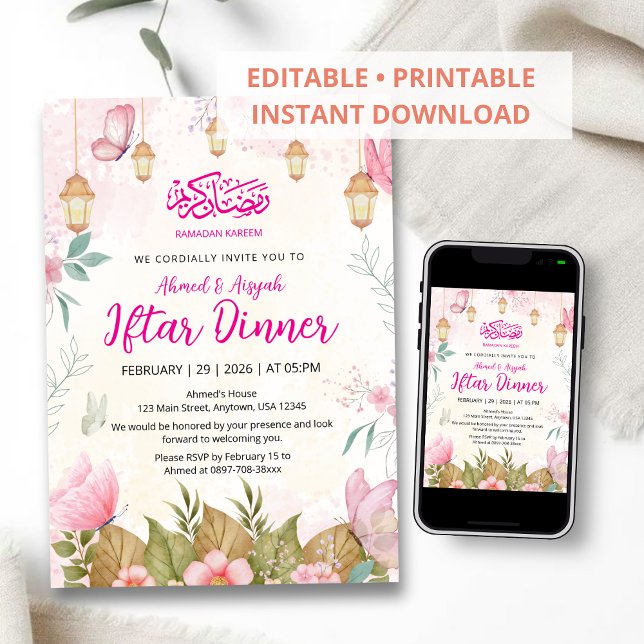 Invitación Whimsical Pink Butterfly Floral Ramadan Iftar (Subido por el creador)