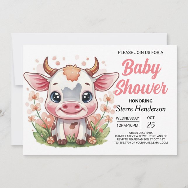 Invitación Whimsical Pink Digital Cow Baby Shower (Anverso)