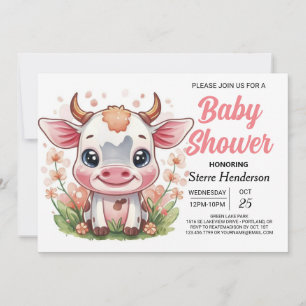 Invitación Whimsical Pink Digital Cow Baby Shower