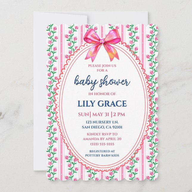 Invitación Whimsical Pink Floral & Bow Baby Shower Invitation (Anverso)