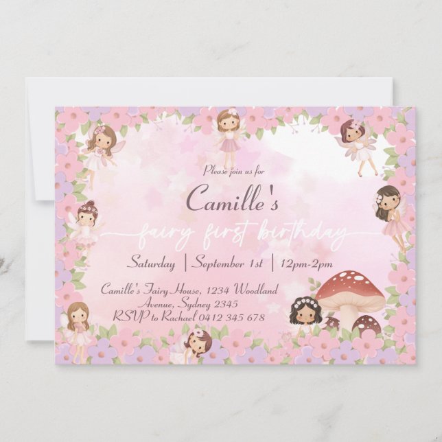 Invitación Whimsical Pink Floral Fairy 1 cumpleaños (Anverso)