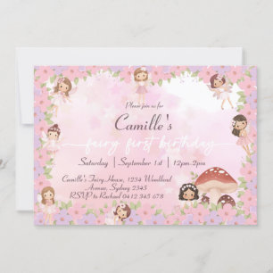 Invitación Whimsical Pink Floral Fairy 1 cumpleaños