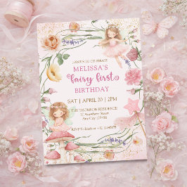 Invitación Whimsical Pink Floral Fairy First Garden Birthday