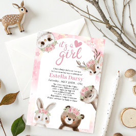 Invitación Whimsical Pink floral Woodland Chica Baby Shower