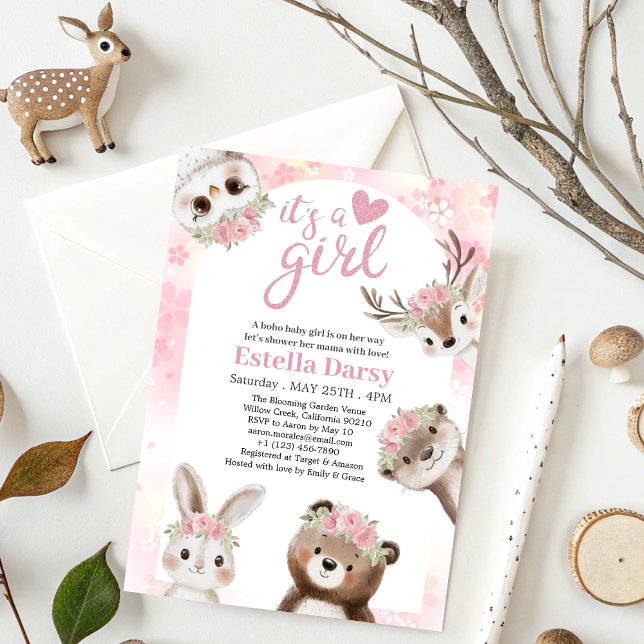 Invitación Whimsical Pink floral Woodland Chica Baby Shower (Subido por el creador)