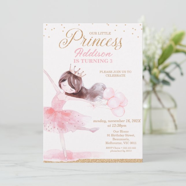 Invitación Whimsical Pink Gold Ballerina Princesa Cumpleaños (Anverso de pie)
