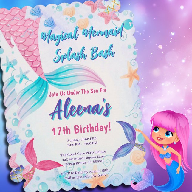 Invitación Whimsical Pink Mermaid Tail 17 cumpleaños (Magical Mermaid Birthday Party Invitation)