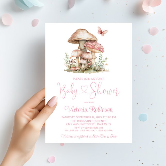 Invitación Whimsical Pink Mushroom Butfly Baby Shower (Girl mushroom and butterfly baby shower invitation. Simply add your event details. )