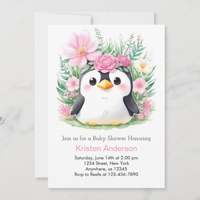 Invitación Whimsical Pink Penguin Paradise Baby Shower (Anverso)