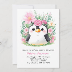 Invitación Whimsical Pink Penguin Paradise Baby Shower