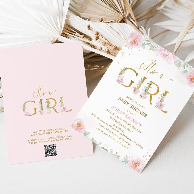 Invitación Whimsical Pink Peonies Es un Baby Shower Chica (It's a Girl baby Shower Invitation Template, Pink Floral Peonies Baby Shower Invitation Girl QR Code)