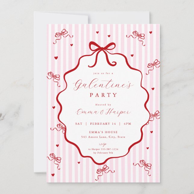 Invitación Whimsical Pink Red Bow Heart Galentine's Party (Anverso)