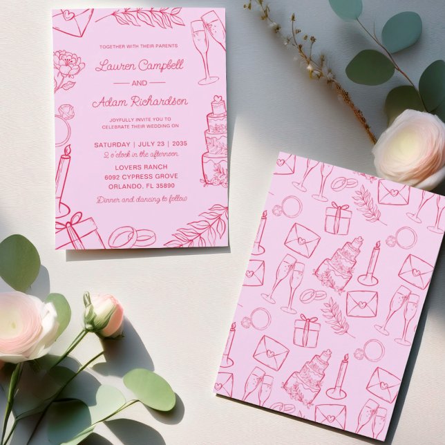 Invitación Whimsical Pink & Red Hand-Drawn Wedding (Subido por el creador)