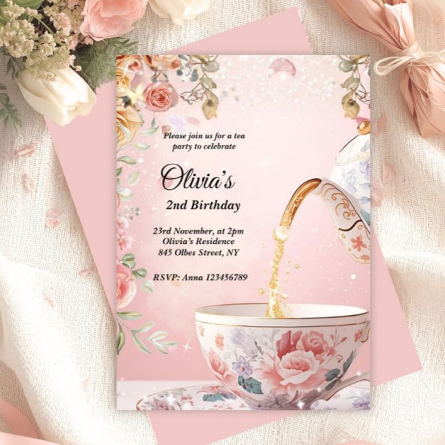 Invitación Whimsical Pink Tea Party Floral Birthday  (garden tea party, pink tea party invitation, kids birthday invitation, spring tea party, glittery te)