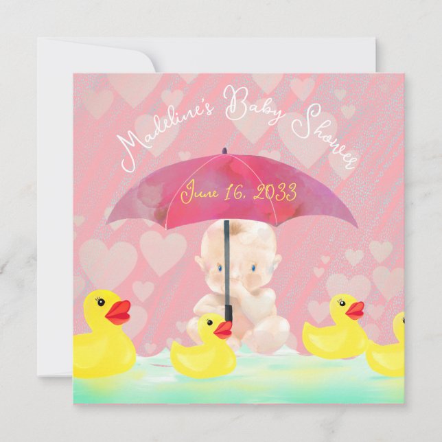 Invitación Whimsical Pink Vintage Ducky Umbrella Baby Shower (Anverso)