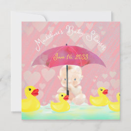 Invitación Whimsical Pink Vintage Ducky Umbrella Baby Shower