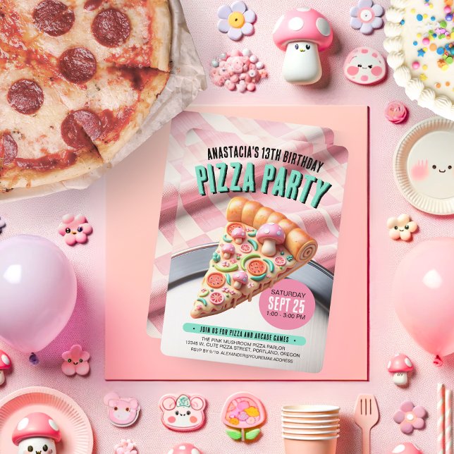 Invitación Whimsical Pizza Fiesta de hongos rosados Cumpleaño (Subido por el creador)