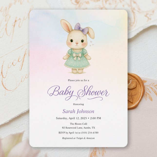 Invitación Whimsical Purple Bunny Girl Baby Shower Invite (Whimsical Purple Bunny Girl Baby Shower Invite)