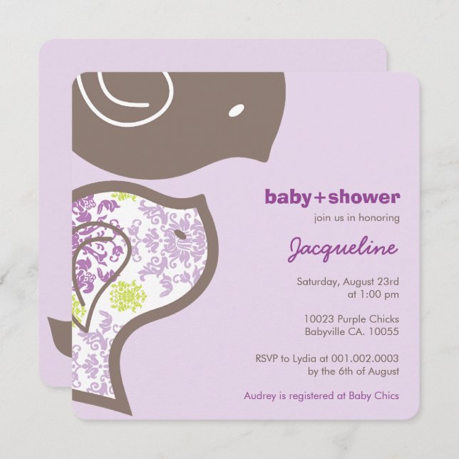 Invitación Whimsical Purple Damask Chicas Invitan a Baby Show (Anverso / Reverso)