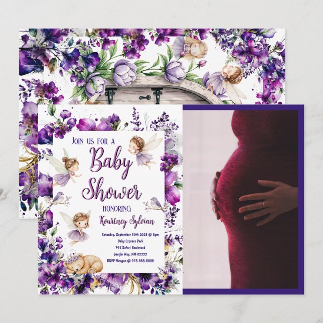 Invitación Whimsical Purple Fairy Baby Shower (Anverso / Reverso)