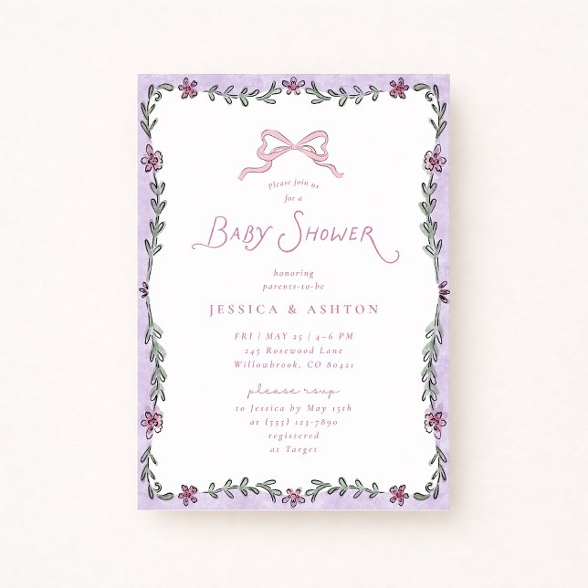 Invitación Whimsical Purple Floral Frame Baby Shower  (Subido por el creador)