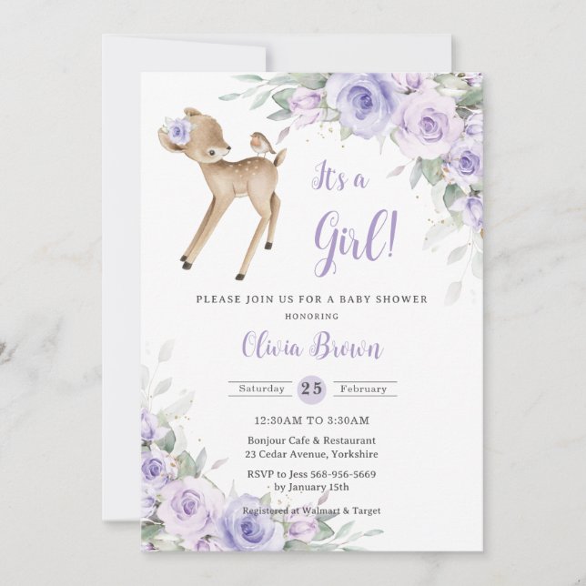 Invitación Whimsical Purple Floral Woodland Deer Baby Shower (Anverso)