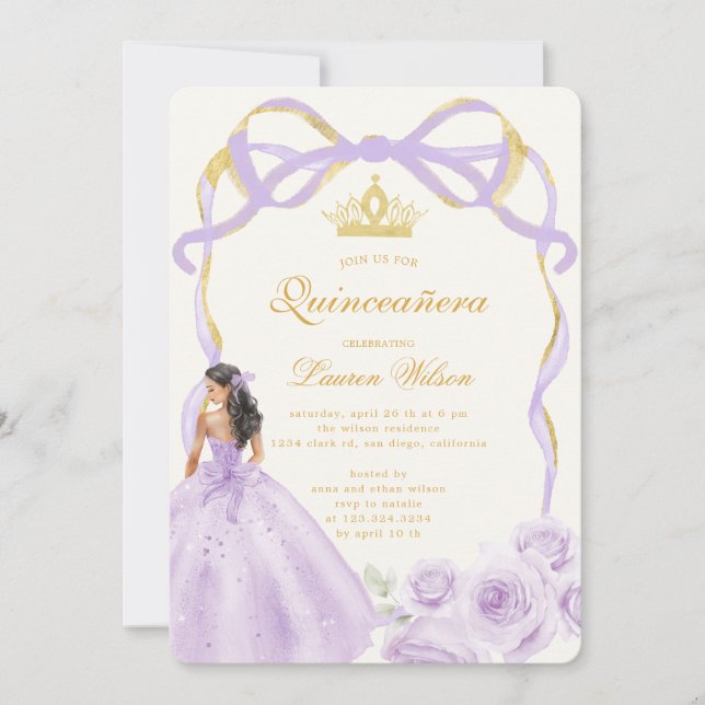 Invitación Whimsical Purple Gold Bow Floral Quinceañera (Anverso)