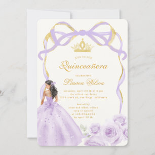 Invitación Whimsical Purple Gold Bow Floral Quinceañera