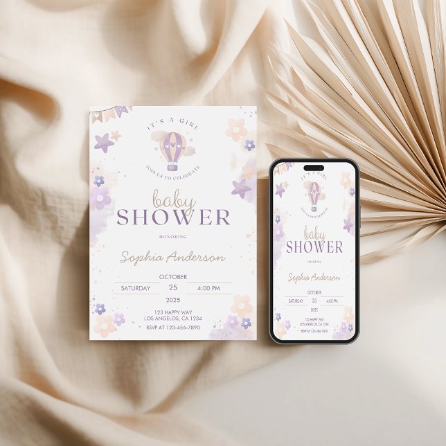 Invitación Whimsical Purple Hot Air Balloon Chica Baby Shower (Subido por el creador)