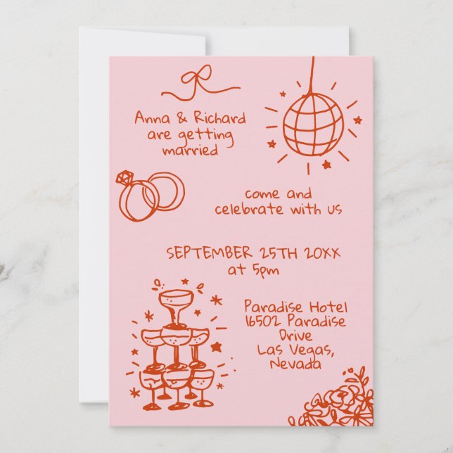 Invitación Whimsical Quirky Doodle Divertido Boda Rojo Rosa (Anverso)
