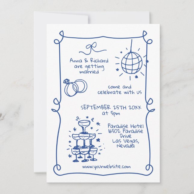 Invitación Whimsical Quirky Doodle Frame Boda Azul francés (Anverso)
