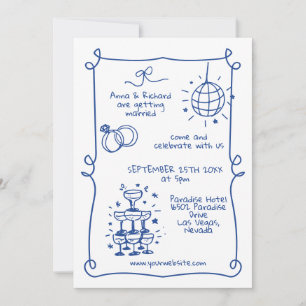 Invitación Whimsical Quirky Doodle Frame Boda Azul francés