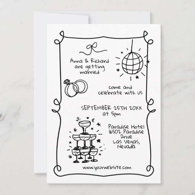 Invitación Whimsical Quirky Doodle Frame Boda Retro Francés (Anverso)