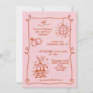 Invitación Whimsical Quirky Doodle Frame Boda Rosado Francés