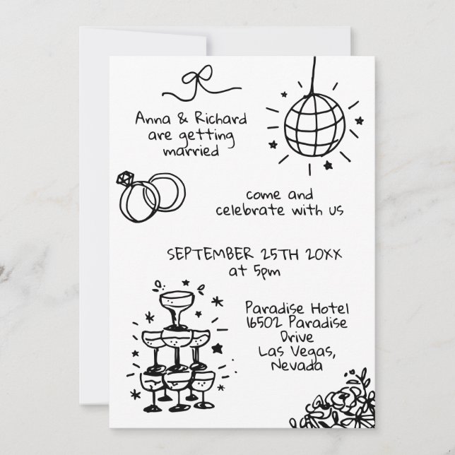 Invitación Whimsical Quirky Fun Doodle Ilustrado Boda (Anverso)