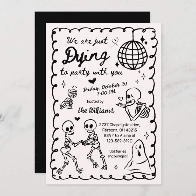 Invitación Whimsical Quirky mano dibujó esqueleto Halloween (Anverso / Reverso)