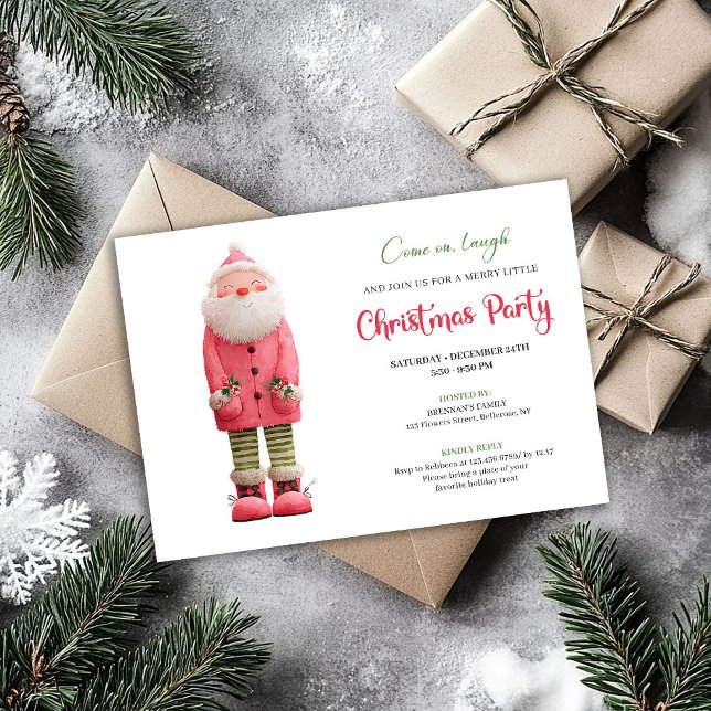 Invitación Whimsical Quirky Pink Santa Festive Party Design (Whimsical Quirky Pink Santa Festive Party Design)
