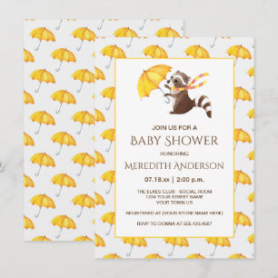 Invitación Whimsical Raccoon Yellow Umbrellas Baby Shower