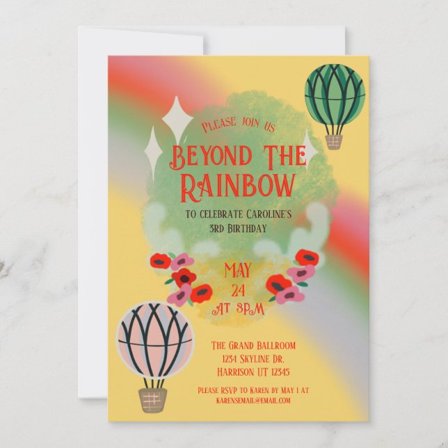 Invitación Whimsical Rainbow Hot Air Balloon Kids Cumpleaños (Anverso)