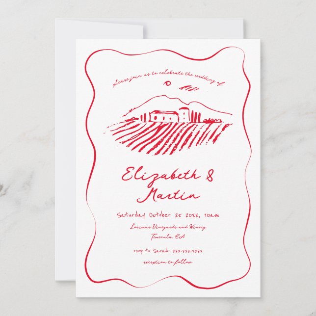 Invitación Whimsical Red Doodle Vineyard Wavy Border Boda (Anverso)