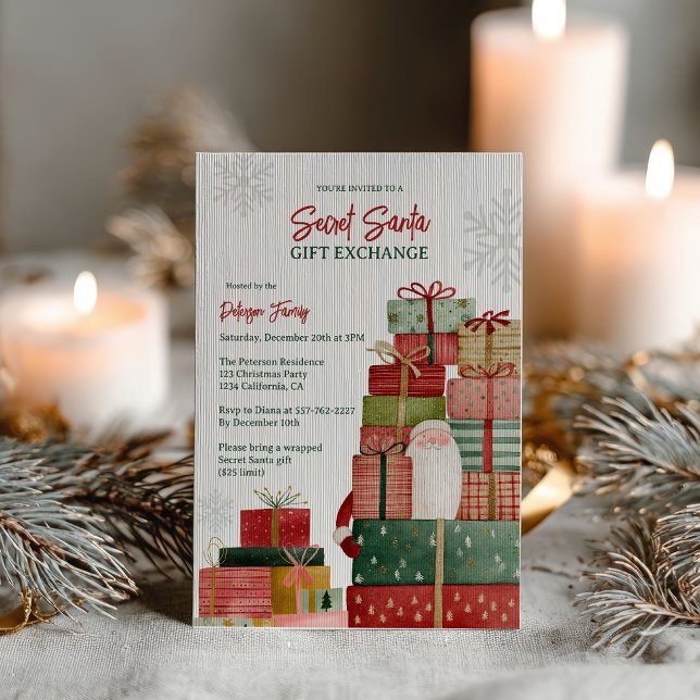 Invitación Whimsical Red Green Secret Santa Christmas Party (Whimsical Red Green Secret Santa Christmas Party Invitation)