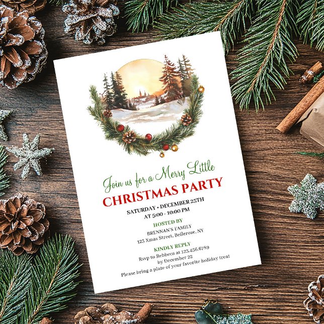Invitación Whimsical Red Green Winter Scene Party Invitation (Whimsical Red Green Winter Scene Party Invitation)