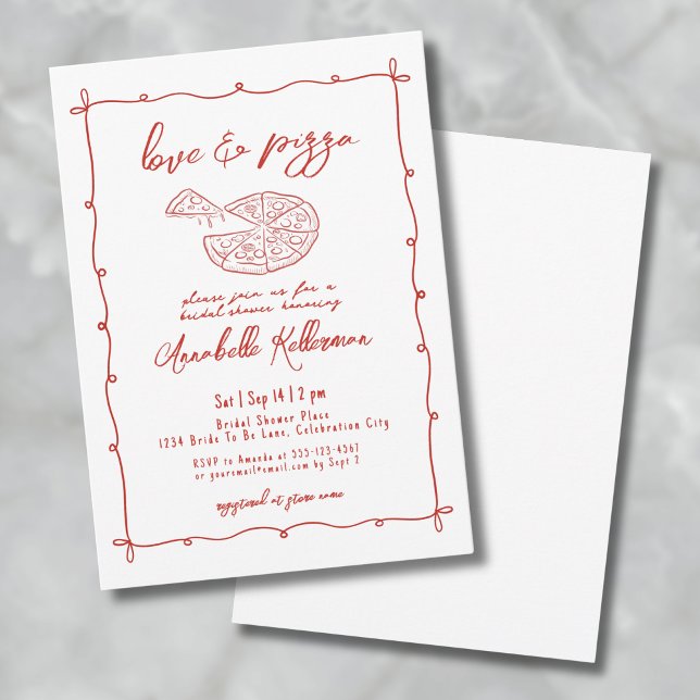 Invitación Whimsical Red Love Pizza Hand Drake Bridal Shower (Whimsical Red Love Pizza Hand Drawn Bridal Shower Invitation)
